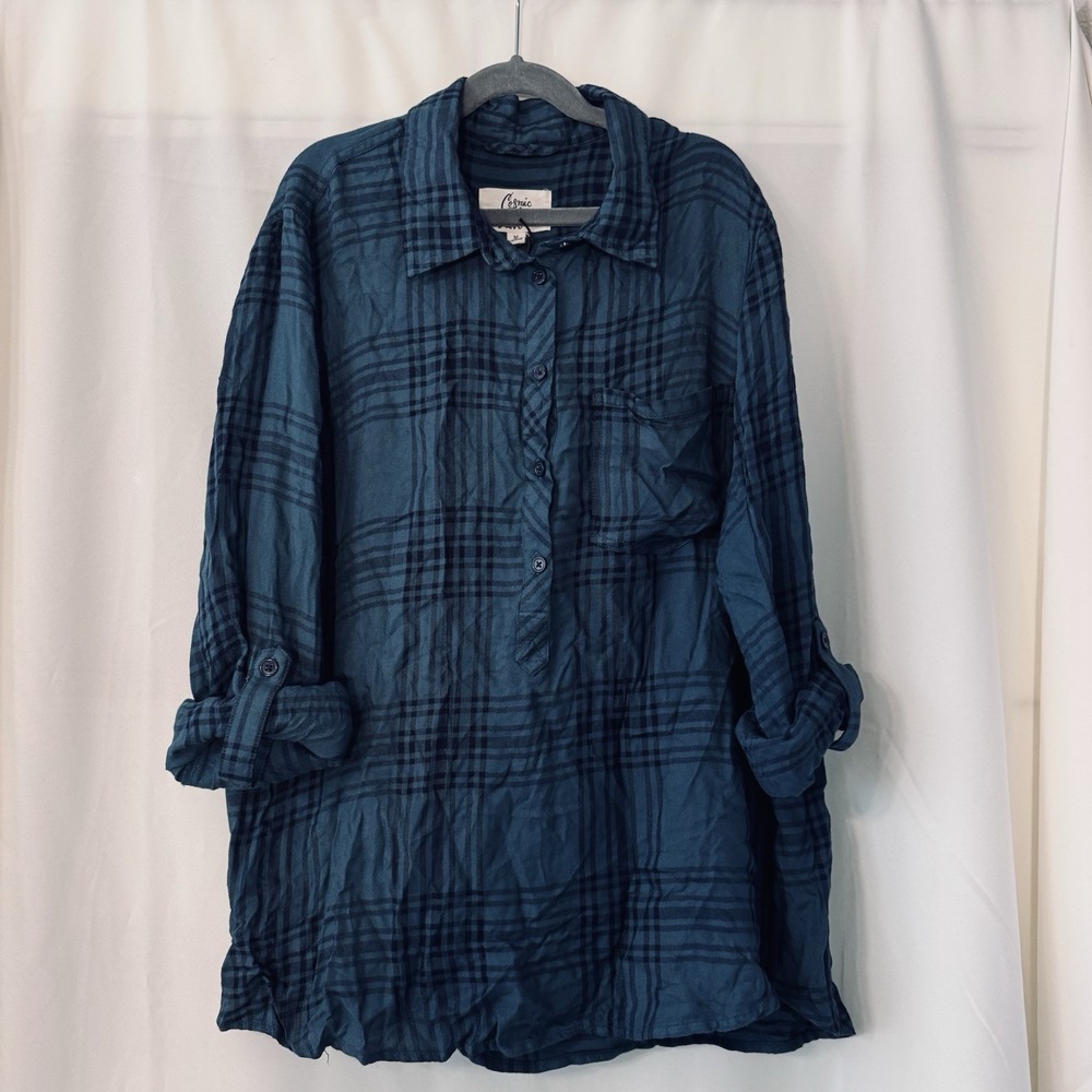 Cosmic Blue Love Fenton Plaid Tunic Shirt Teal Blue Cottagecore Medium